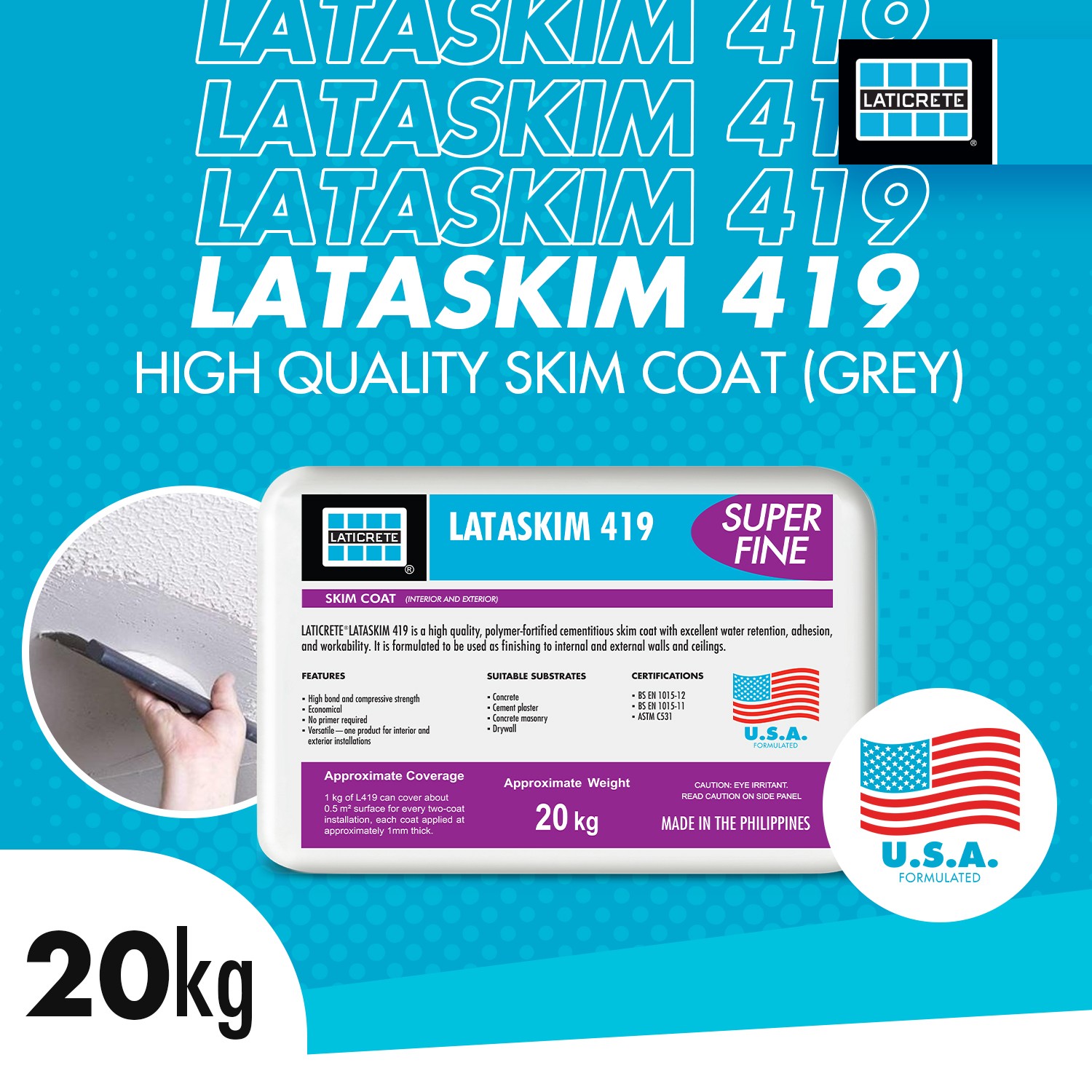 LATICRETE® LATASKIM 419 Super Fine Skim Coat 20kg (GREY)